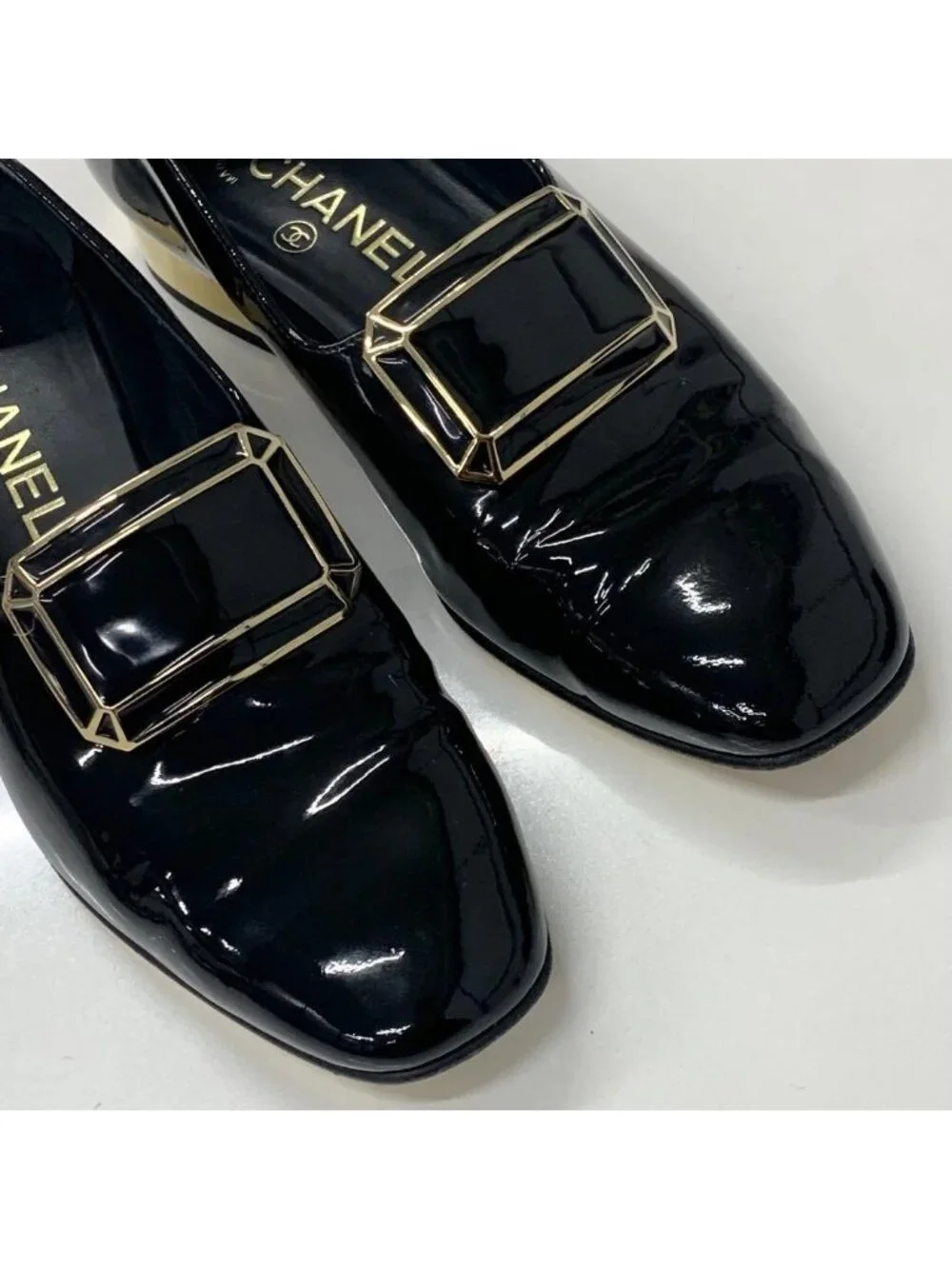 Chanel CC Logo Patent Loafers Black Gold